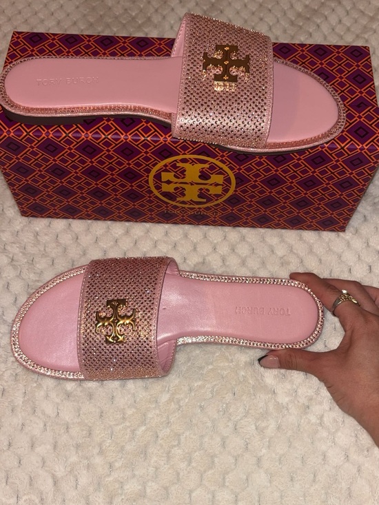 Tory Burch Shoes - Tory Burch Pink Crystal-Embellished Slide Sandals with Gold Logo